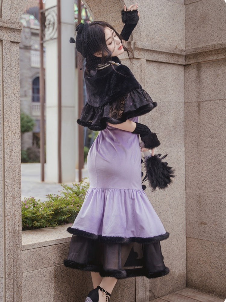 Flower Vine Black and Purple Mermaid Skirt Lolita JSK+Shawl Set