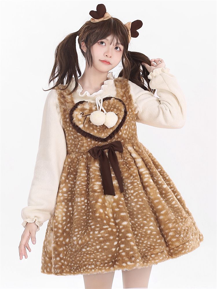 Heart Design Brown High Waist Plush Overall Dress