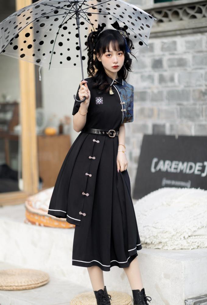 Asymmetrical Hem Skirt Black One Piece Short Sleeves Qi Dress