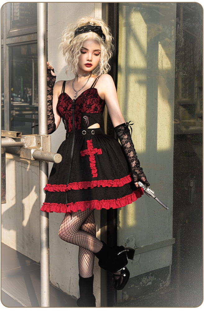 Cross Design Gothic Jumper Skirt Cutout Detail Tiered Skirt and Ruffle Trim