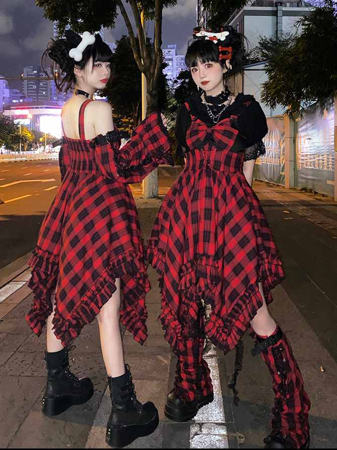 Scarlet Red Plaid Punk Jumper Skirt Handkerchief Hem Idol Dress