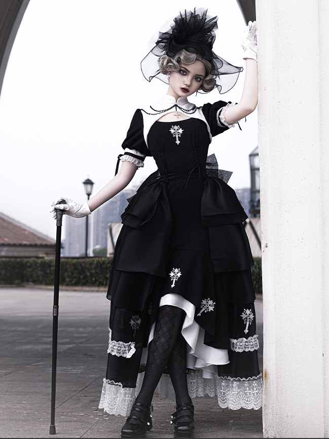 Cross Embroidery Mermaid Skirt Gothic One Piece with Overskirt Full Set Nun Dress