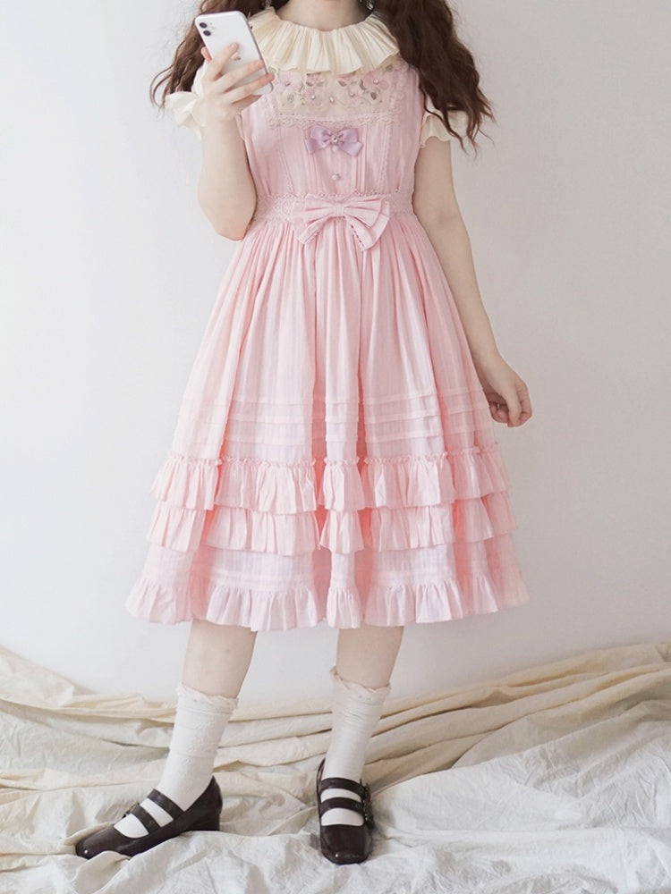 Girl Nelly Color Pink Floral Embroidery Round Neck Jumper Skirt