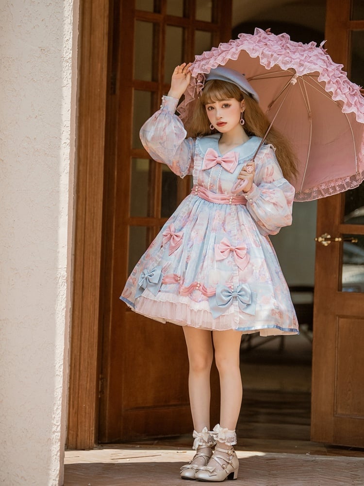 Bunny Print Light Blue Sweet Dress Long Sleeves One Piece