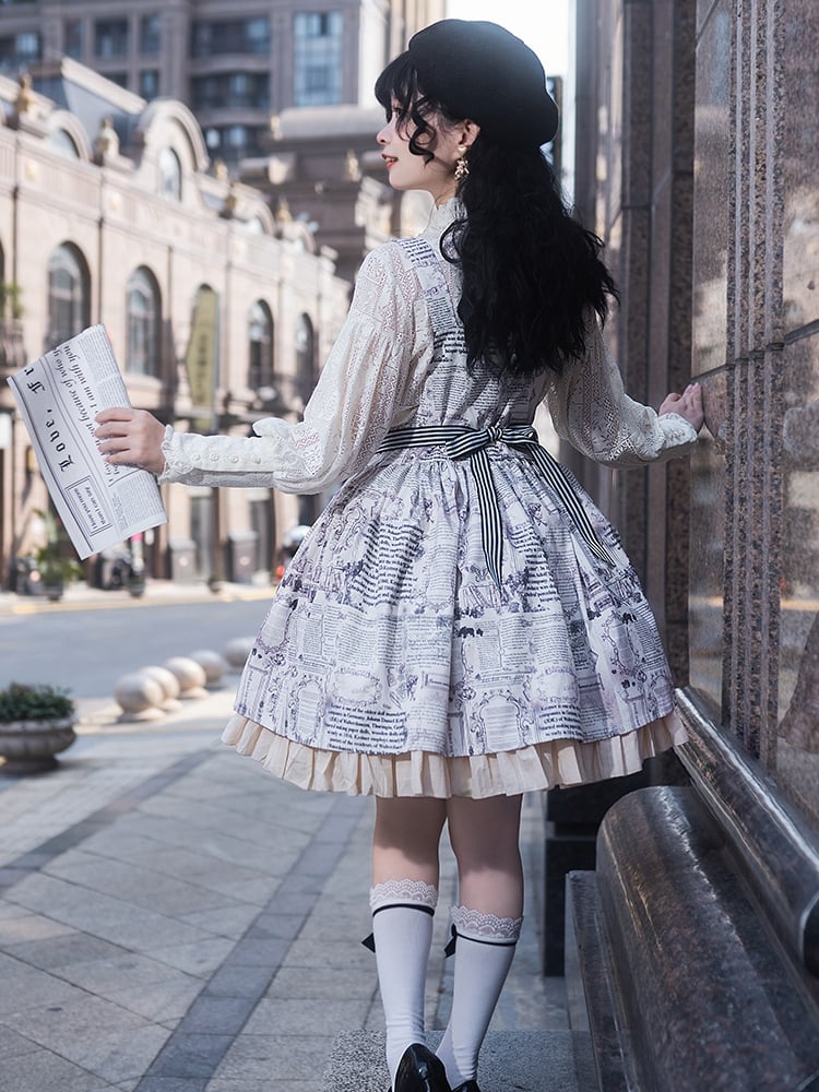 Berlin Daily Paper Apron Design Newspaper Print Ruffle Hemline Overall Dress