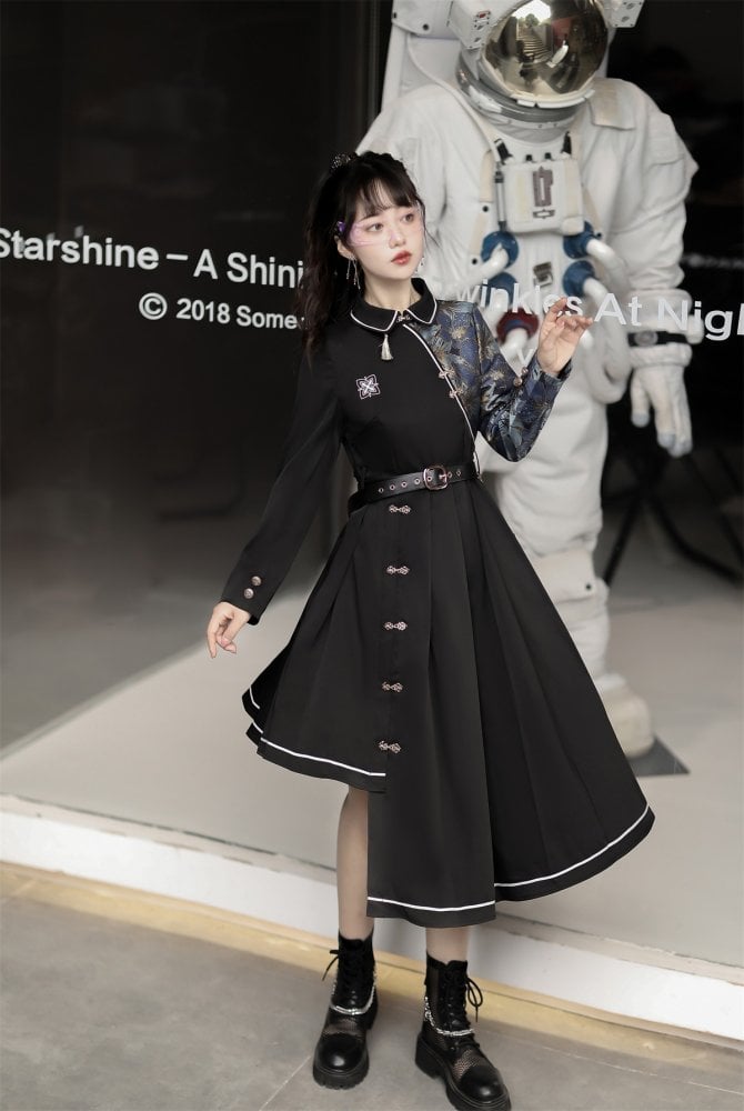 Asymmetrical Hem Skirt Black One Piece Long Sleeves Qi Dress