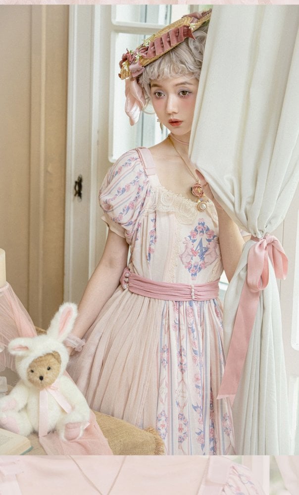 Bunny and Floral Print Pink One Piece Tea Length Classic Dress