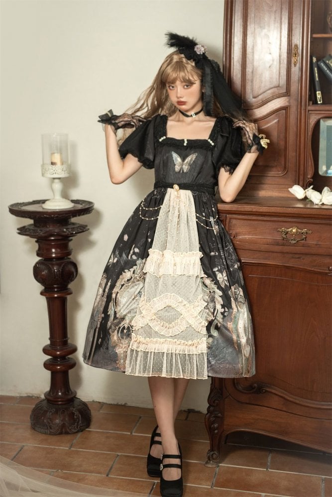 Clock and Butterfly Print Black One Piece Puff Sleeves High Waist