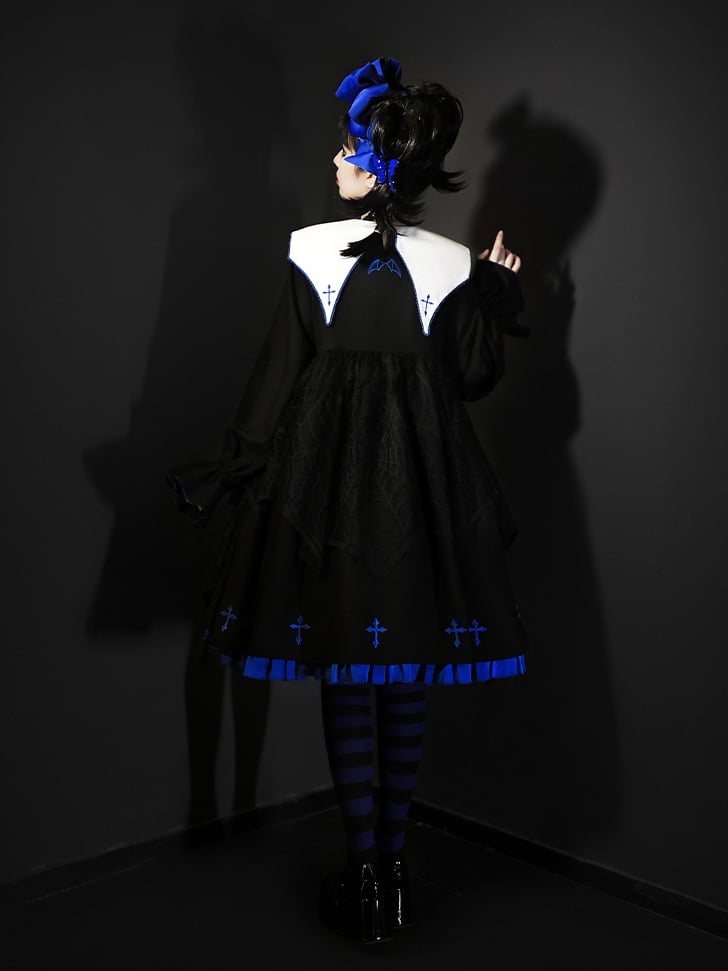 Black and Klein Blue Cross Embroidery Ruffle Hemline Long Sleeves Lolita OP