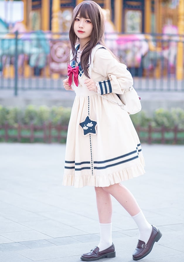 Cloud Embroidery Sailor Collar Dress Beige and Dark Blue One Piece