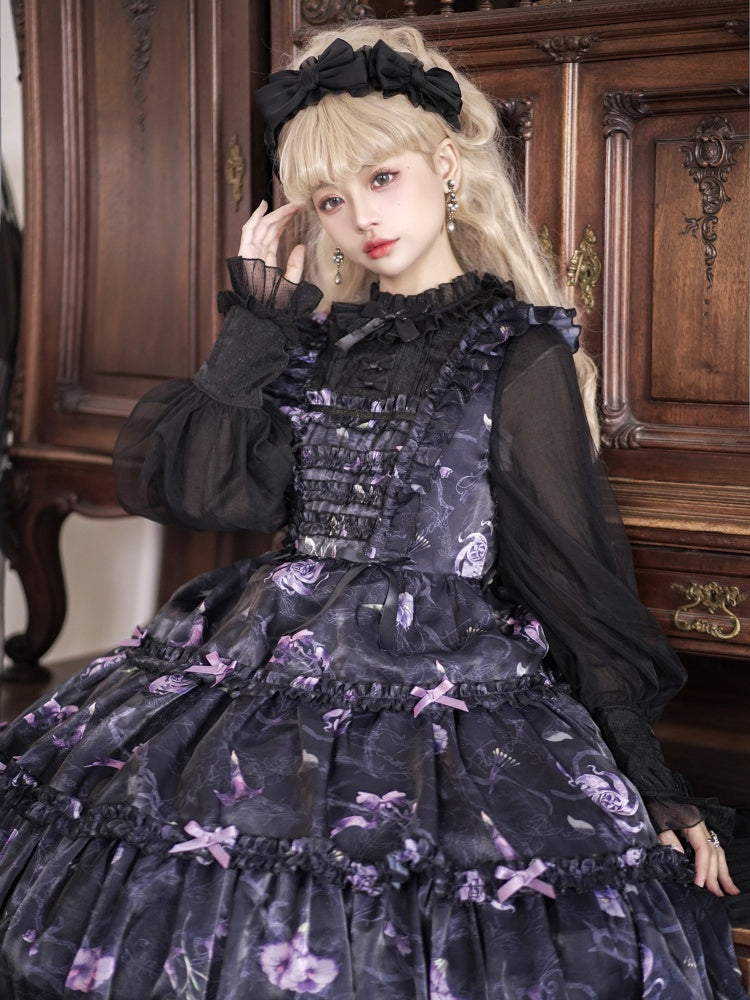 Black and Purple Fake Two-pieces Design Floral Print Ruffle Bodice Long Sleeves Lolita OP