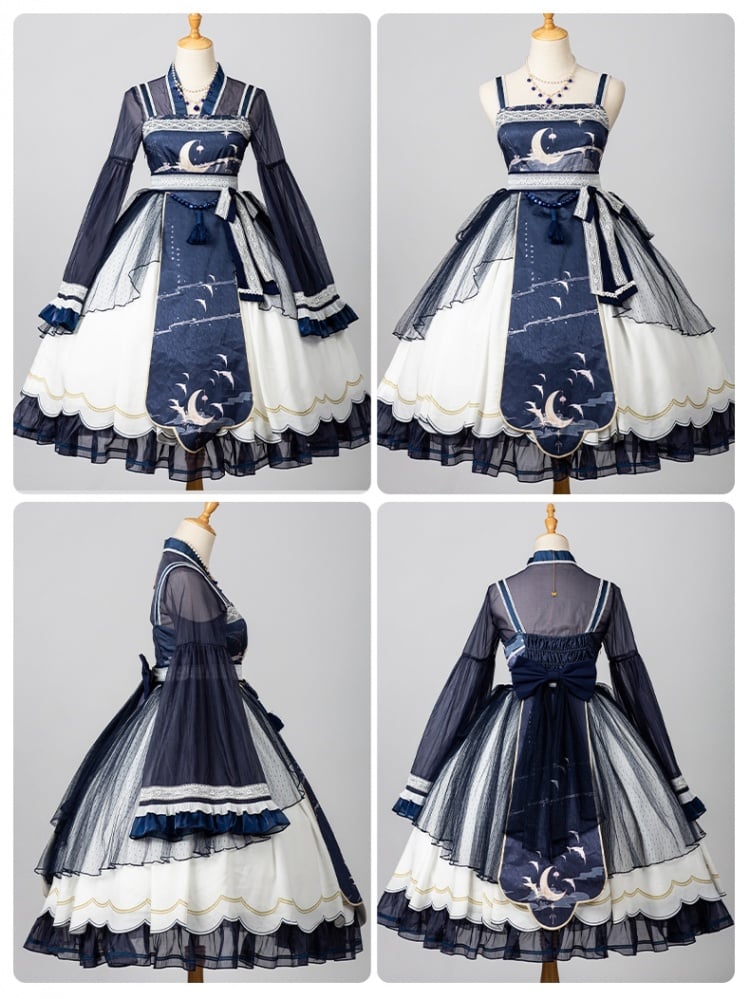 In Stock Night and Warbler Chinoiserie Style Han Lolita JSK+Long Flounce Bell Sleeves Blouse Set