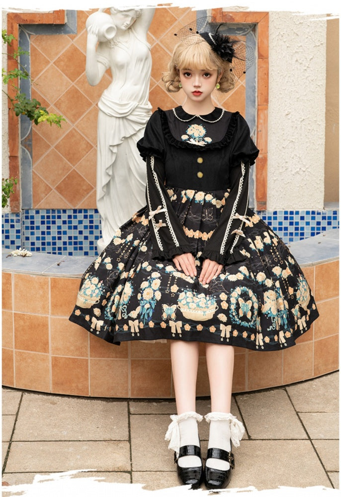 Flower Courtyard Peter Pan Collar Floral Print Pleated Skirt Long Sleeves One Piece