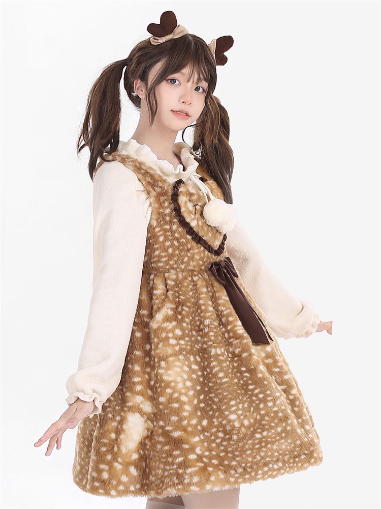 Heart Design Brown High Waist Plush Overall Dress