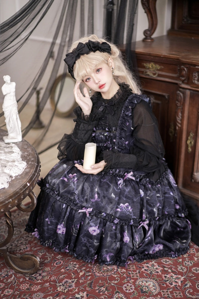 Black and Purple Fake Two-pieces Design Floral Print Ruffle Bodice Long Sleeves Lolita OP