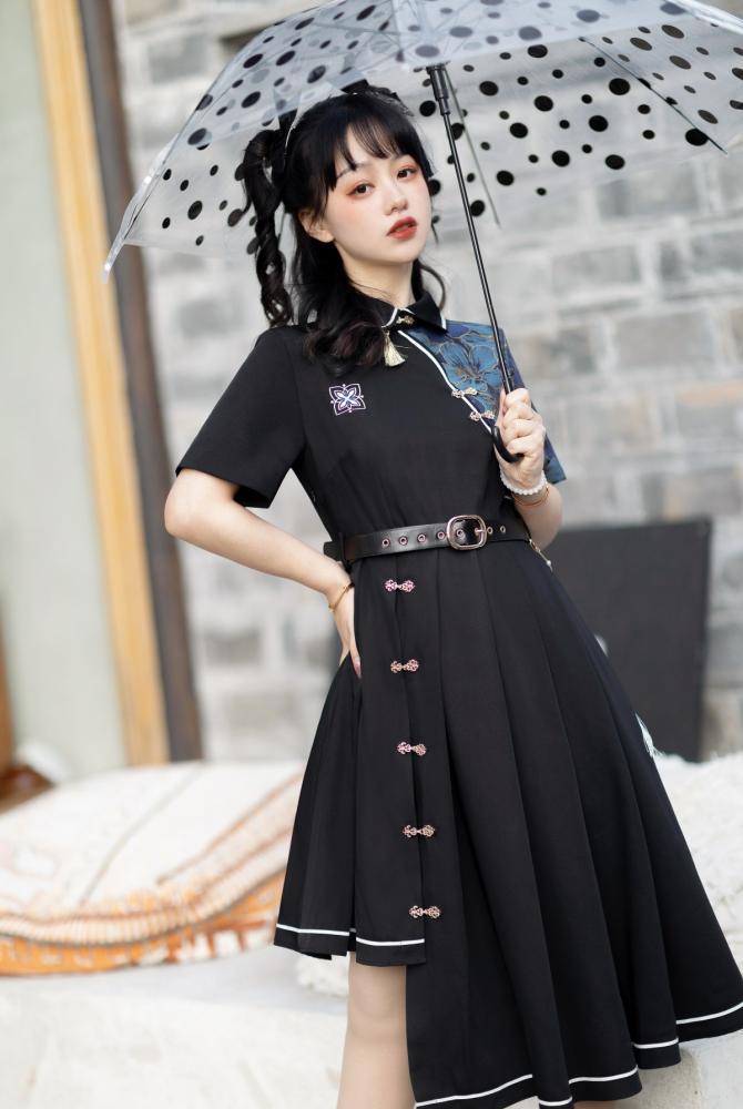 Asymmetrical Hem Skirt Black One Piece Short Sleeves Qi Dress