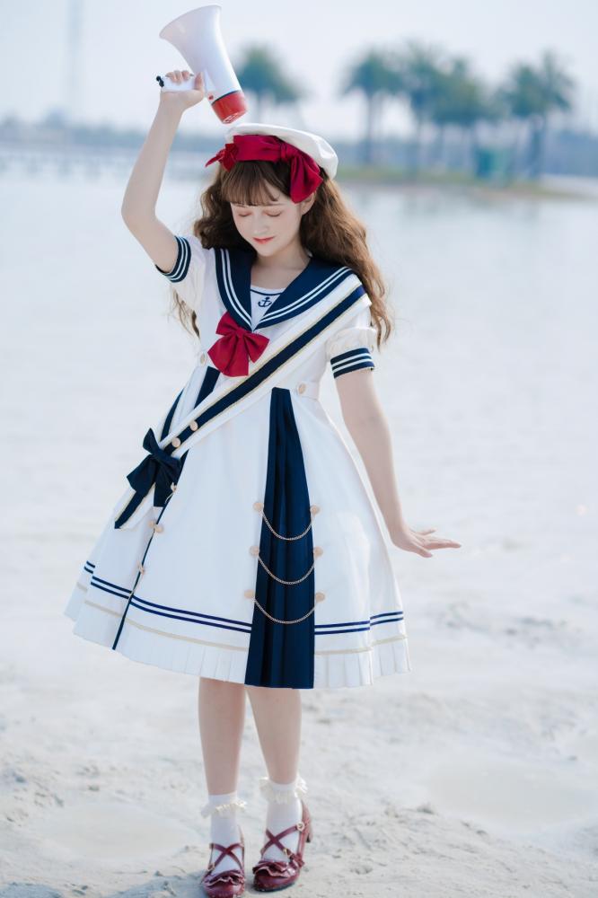 Sea Breeze Dark Blue Sailor Collar One Piece High Waist Sweet Dress with Bow Tie and Ribbon