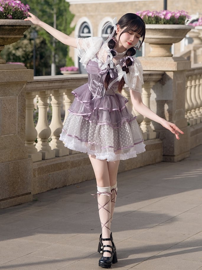 Purple Tiered Skirt Basque Waist Jumper Skirt