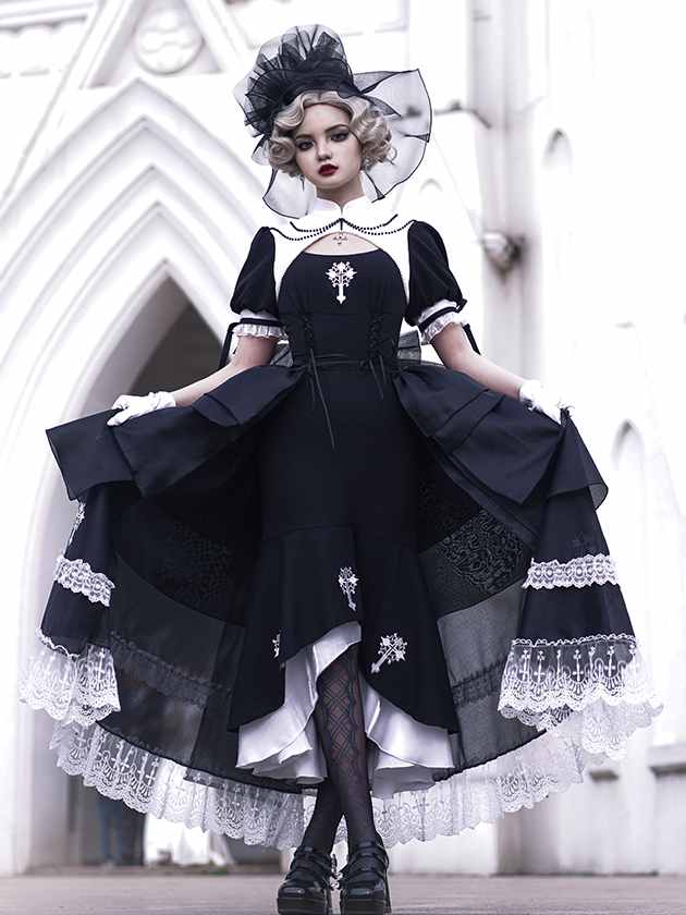 Cross Embroidery Mermaid Skirt Gothic One Piece with Overskirt Full Set Nun Dress