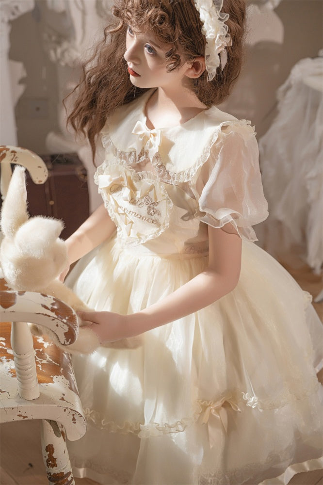 Warm Love Song Ruffle Trim Peter Pan Collar Semi-sheer Short Puff Sleeves Lolita OP