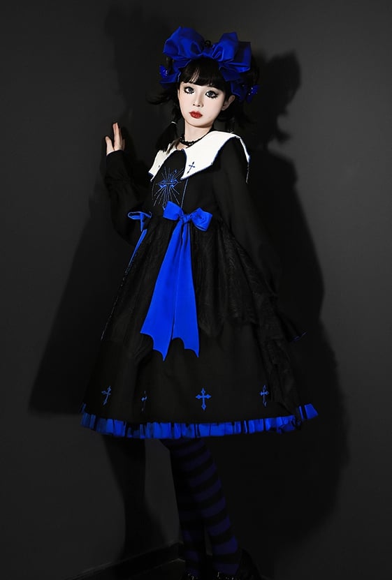 Black and Klein Blue Cross Embroidery Ruffle Hemline Long Sleeves Lolita OP