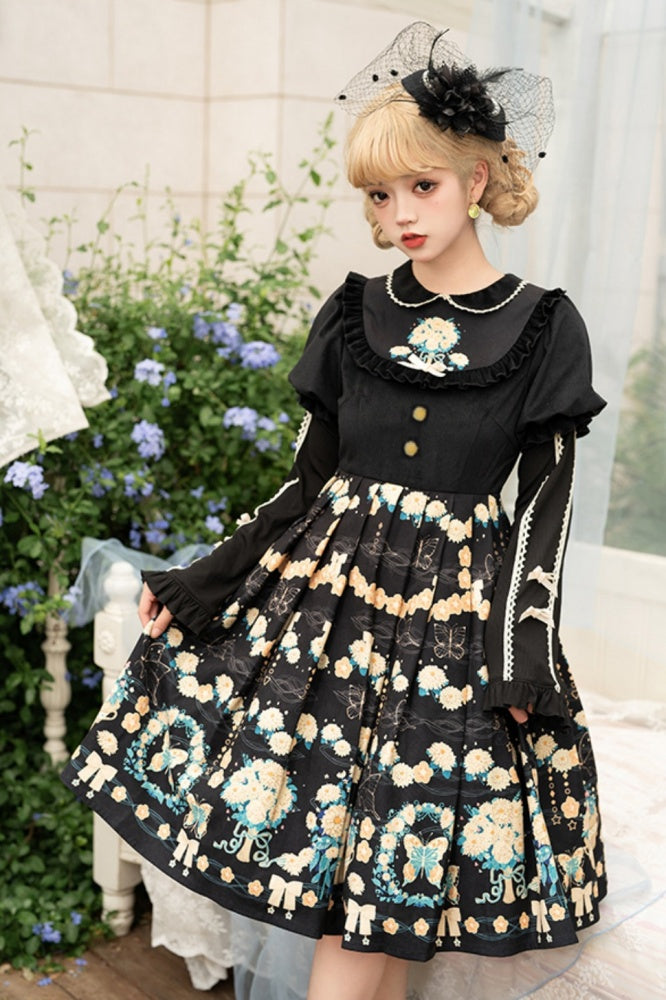 Flower Courtyard Peter Pan Collar Floral Print Pleated Skirt Long Sleeves One Piece