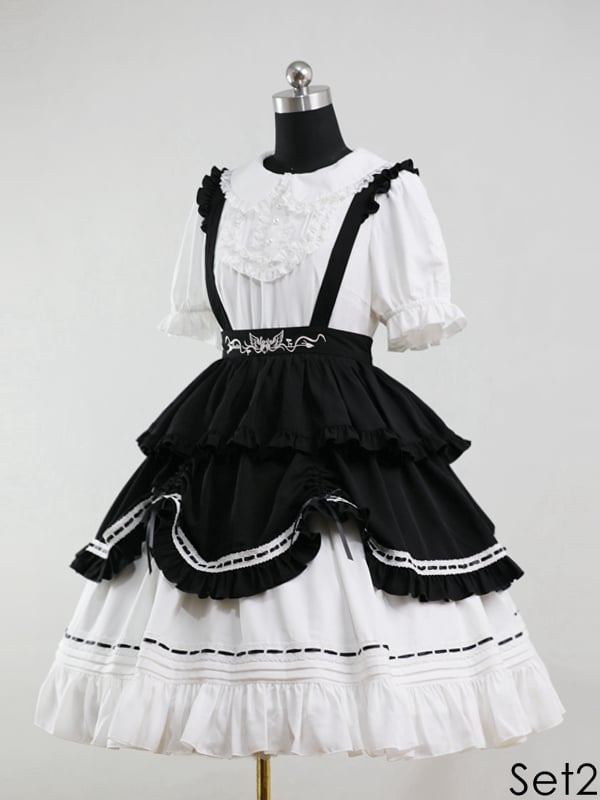 Black / White Peter Pan Collar Maid One Piece + Apron Set