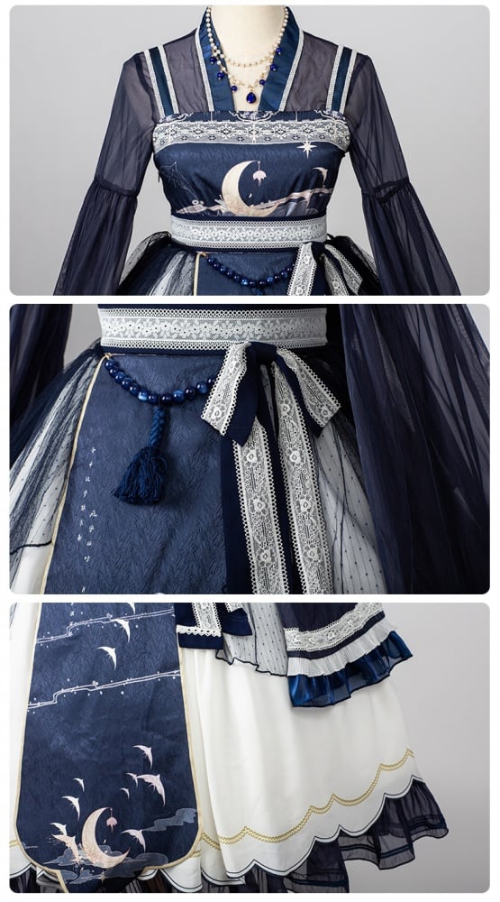 In Stock Night and Warbler Chinoiserie Style Han Lolita JSK+Long Flounce Bell Sleeves Blouse Set