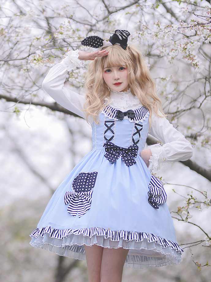 Alice's Candy Rounded Flat Collar Natural Waist Ruffle Hem Jumper Skirt/JSK+Sash Set