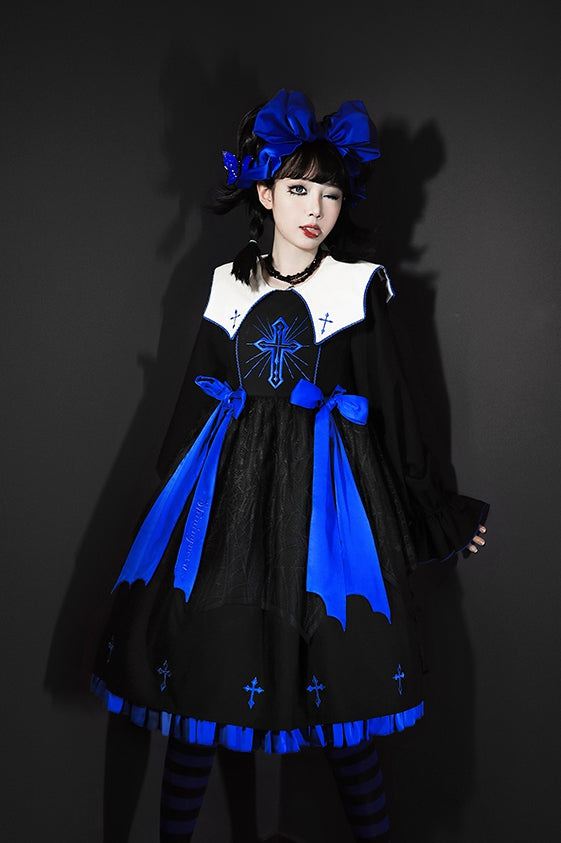 Black and Klein Blue Cross Embroidery Ruffle Hemline Long Sleeves Lolita OP