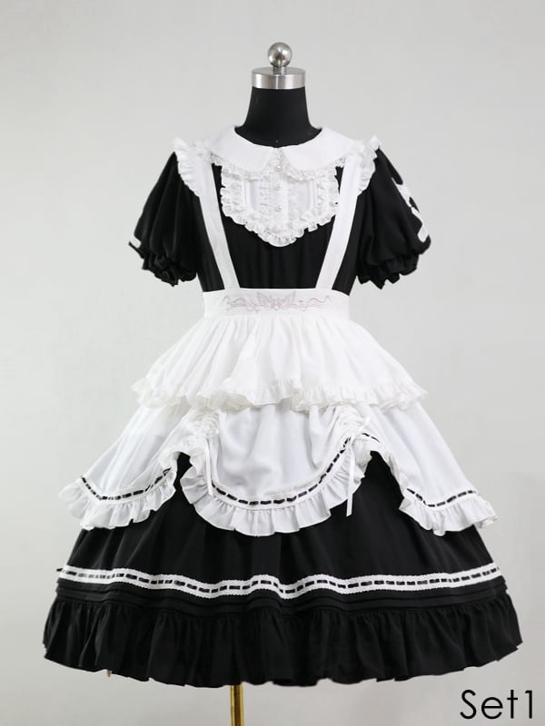 Black / White Peter Pan Collar Maid One Piece + Apron Set