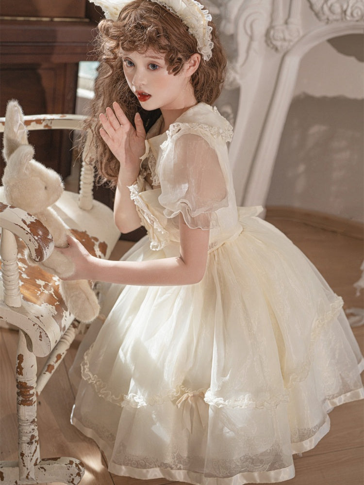 Warm Love Song Ruffle Trim Peter Pan Collar Semi-sheer Short Puff Sleeves Lolita OP