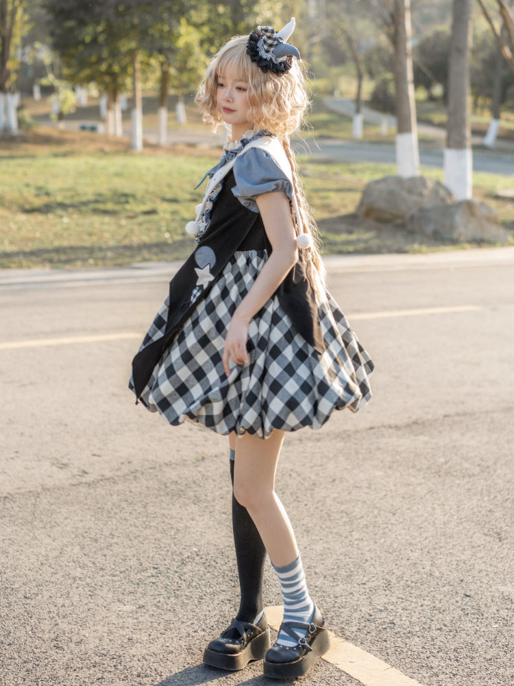 Black Plaid Bubble Skirt Jumper Skirt + Blue Blouse Set Alice in Wonderland Vibes Dress