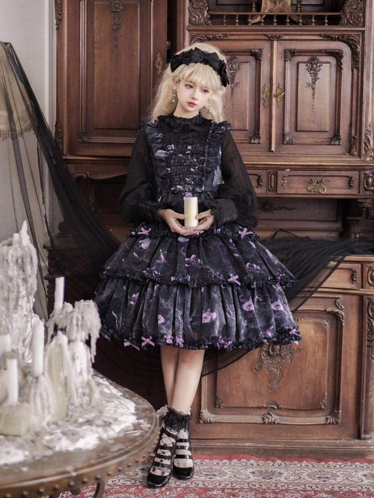 Black and Purple Fake Two-pieces Design Floral Print Ruffle Bodice Long Sleeves Lolita OP