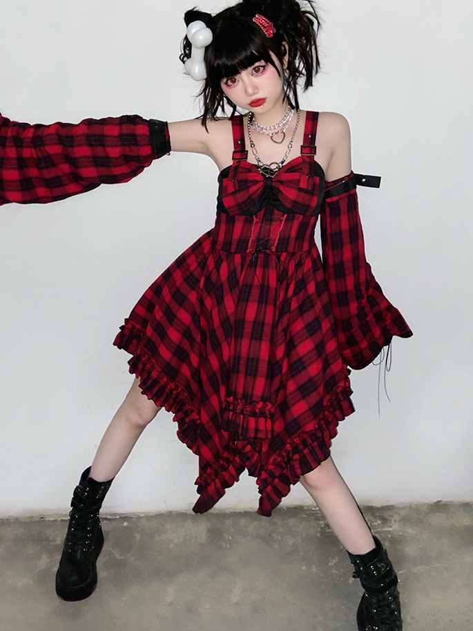 Scarlet Red Plaid Punk Jumper Skirt Handkerchief Hem Idol Dress