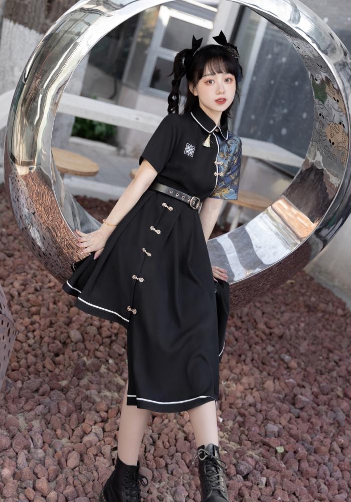 Asymmetrical Hem Skirt Black One Piece Short Sleeves Qi Dress