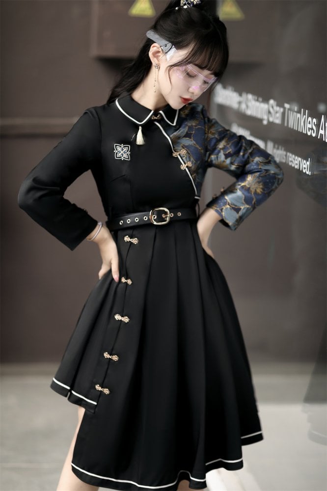 Asymmetrical Hem Skirt Black One Piece Long Sleeves Qi Dress