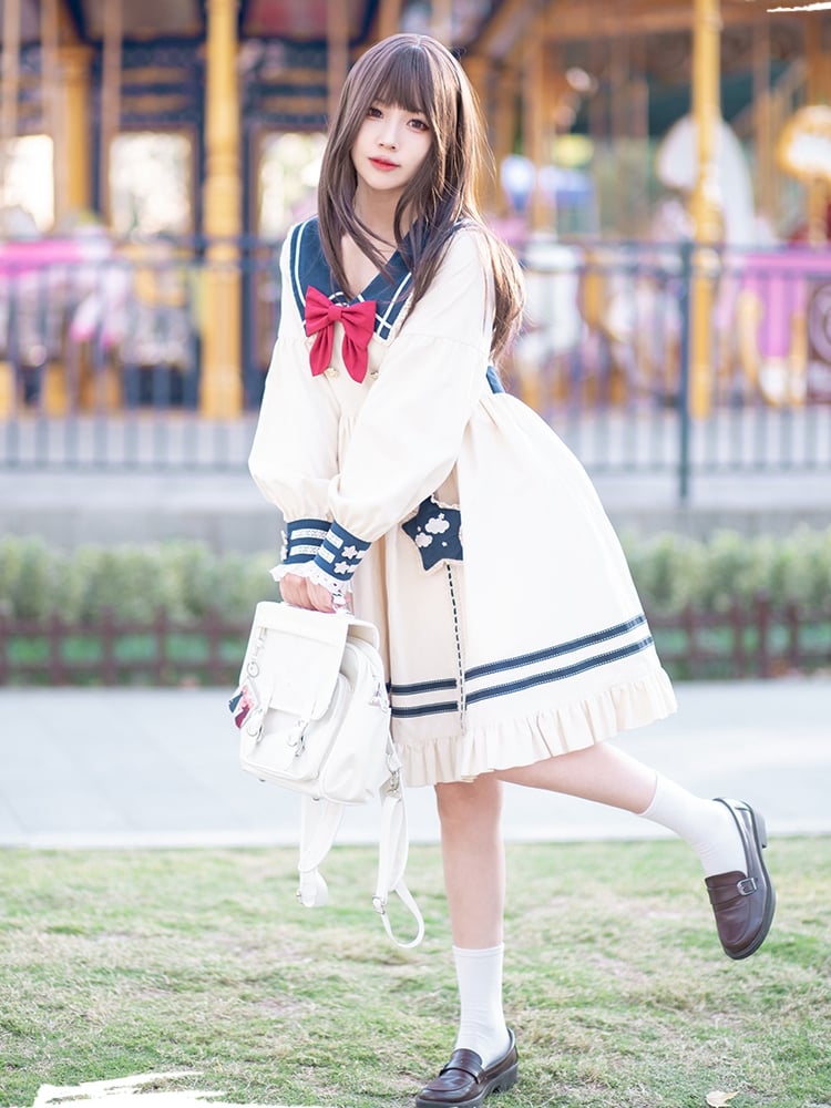 Cloud Embroidery Sailor Collar Dress Beige and Dark Blue One Piece