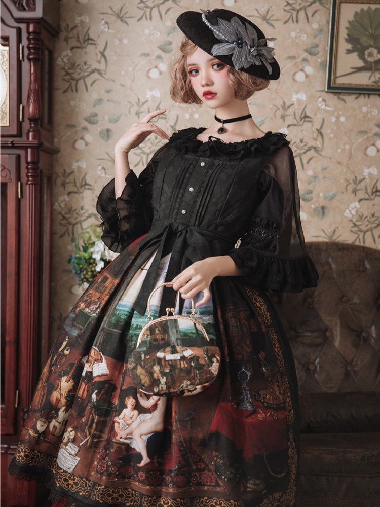 Fable Romance Ode Black Oil Painting Print Ruffle Hem Jumper Skirt