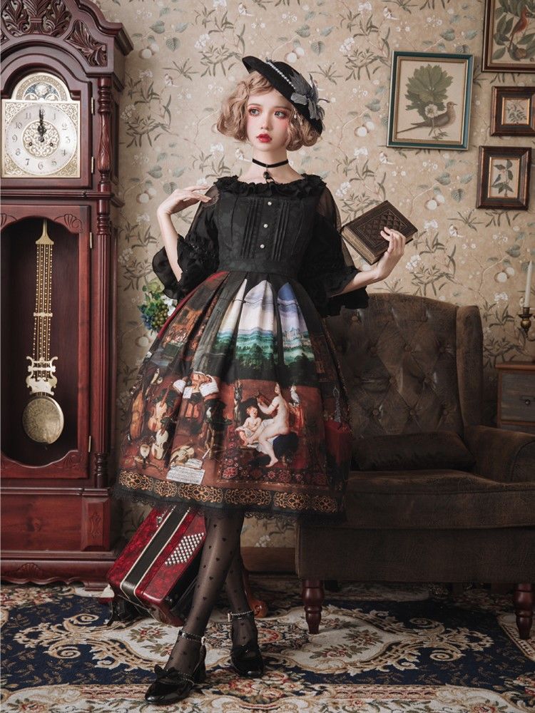 Fable Romance Ode Black Oil Painting Print Ruffle Hem Jumper Skirt