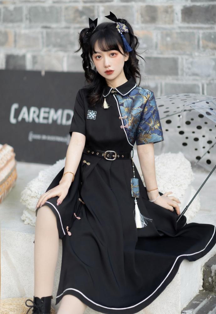 Asymmetrical Hem Skirt Black One Piece Short Sleeves Qi Dress