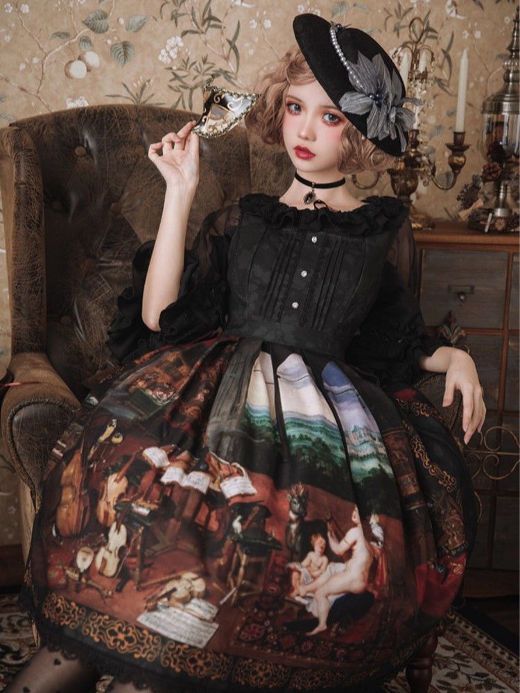 Fable Romance Ode Black Oil Painting Print Ruffle Hem Jumper Skirt