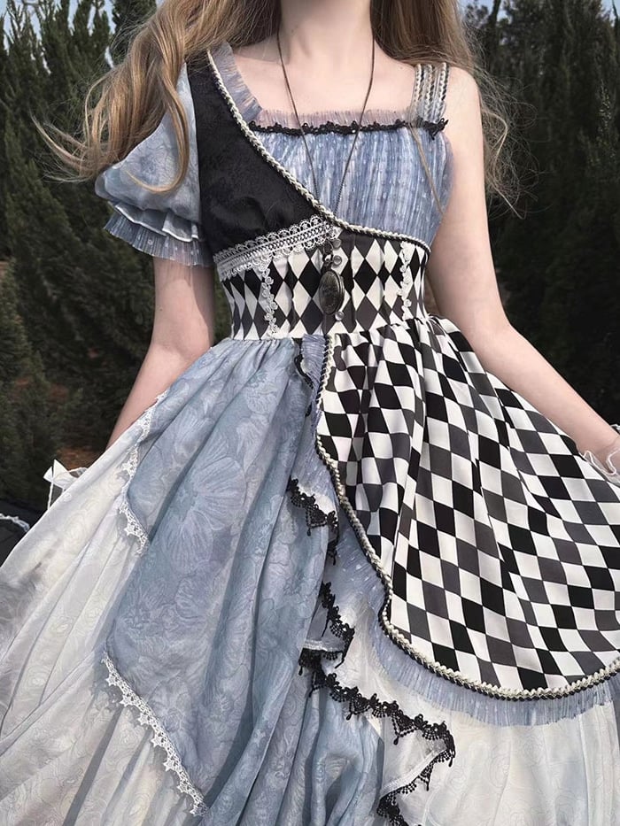 Asymmetrical Sleeves Blue and Black Chess Pattern One Piece Alice in Wonderland Vibes