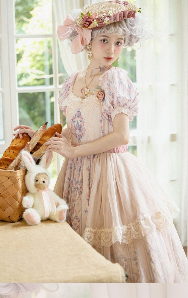 Bunny and Floral Print Pink One Piece Tea Length Classic Dress