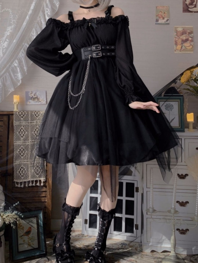 Black Gothic Lolita Dress with Separate Corset Belt