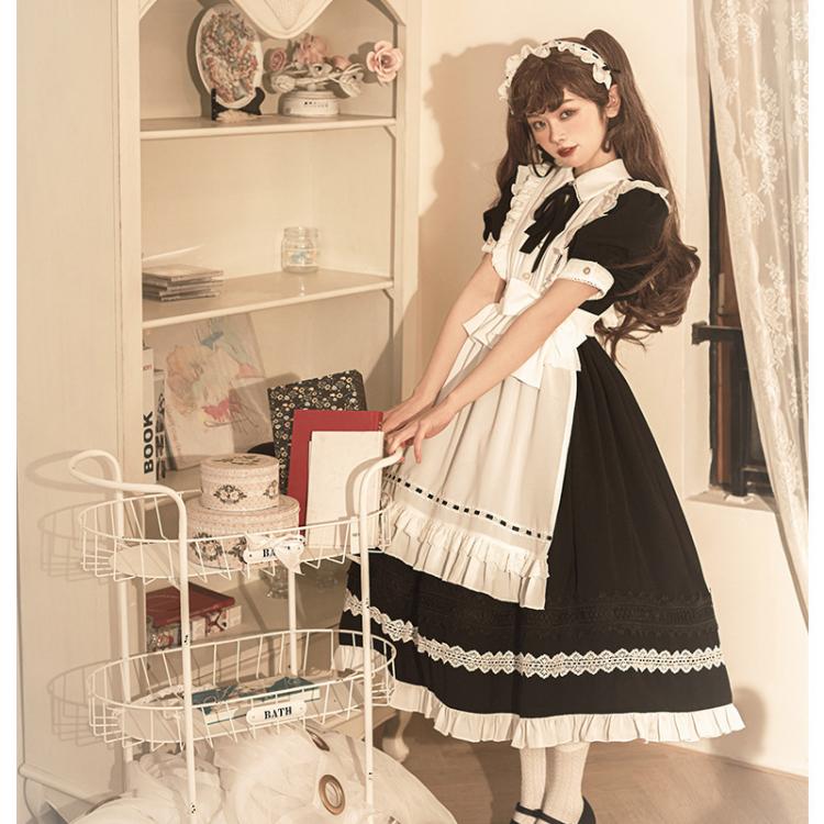 Black High Waist One Piece Maid Style Dress with Detachable Apron Short Sleeves Version