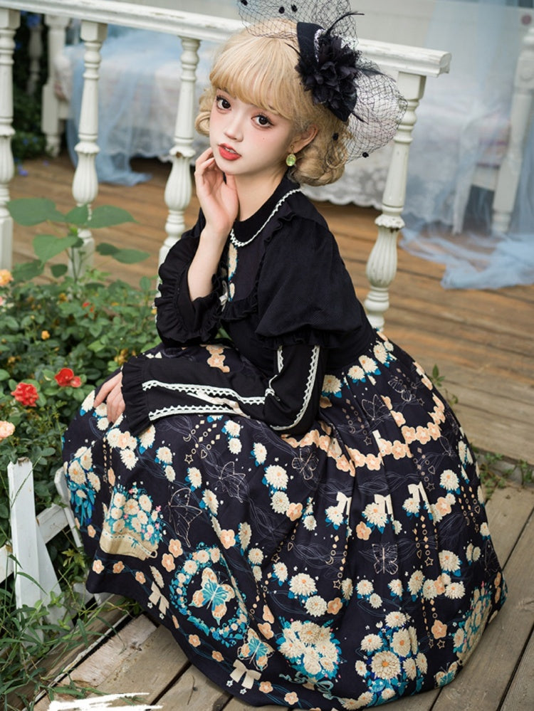 Flower Courtyard Peter Pan Collar Floral Print Pleated Skirt Long Sleeves One Piece