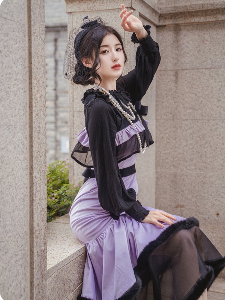 Flower Vine Black and Purple Mermaid Skirt Lolita JSK+Shawl Set