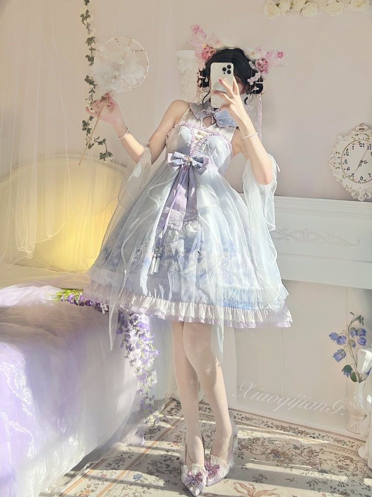 Clearance- Size S for Bust 80-86cm Purple Swan Castle Floral Print Banded Collar Ruffle Hemline Lolita JSK