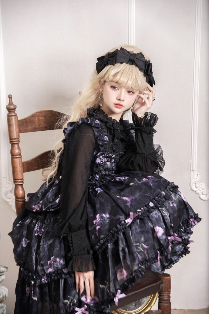 Black and Purple Fake Two-pieces Design Floral Print Ruffle Bodice Long Sleeves Lolita OP